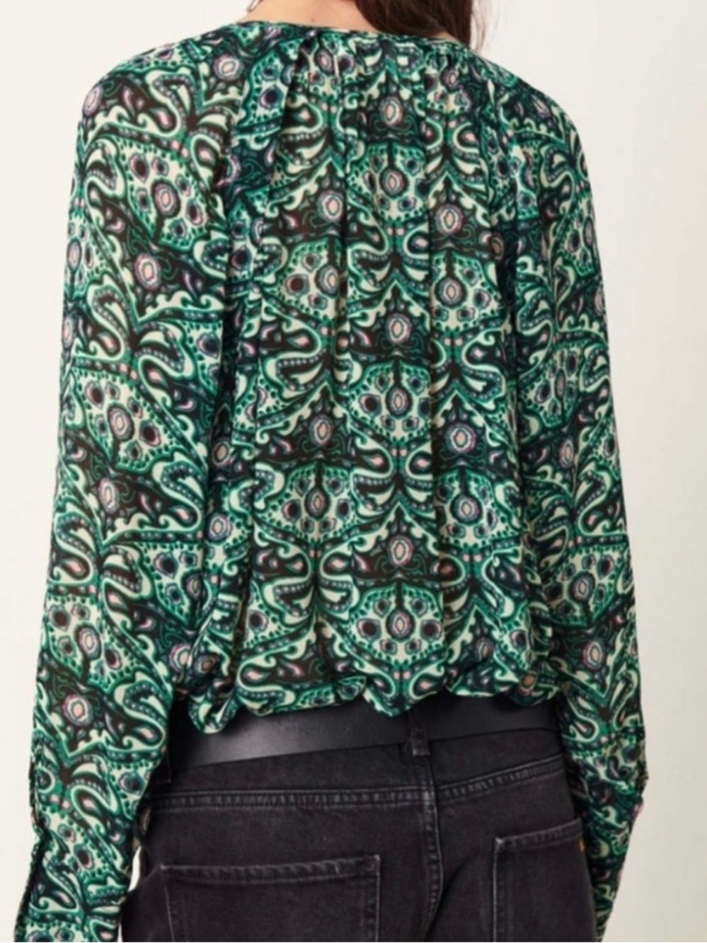 ba&sh FEL Viscose Georgette Green Paisley Long-Sleeve V-Neck Blouse Medium - Picture 3 of 9